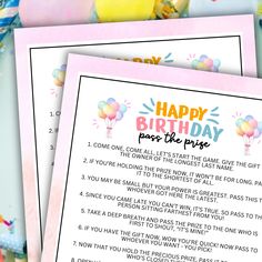 two birthday party games with balloons and confetti