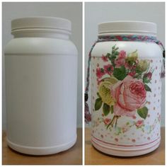 two jars with flowers painted on them sitting side by side, one is white and the other is pink