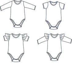 four baby onesuits with long sleeves and one short sleeved bodysuit, all in