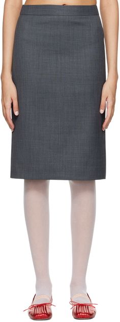 Polyester- and wool-blend delaine skirt. · Concealed zip closure at back · Central vent at back hem · Stripes at full satin lining Available exclusively at SSENSE. Supplier color: Gray Silk Skirt For Workwear, Classic Silk Skirt For Workwear, Fitted Silk Skirt Suit For Work, Silk Pencil Skirt For Work, Silk Knee-length Workwear Skirt, Knee-length Silk Skirt For Workwear, Silk Pleated Skirt For Work, Wool Knee-length Workwear Skirt, Knee-length Wool Skirt For Work