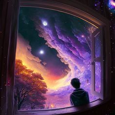 a person sitting on a window sill looking out at the night sky and stars