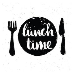 the words lunch time written on a plate with knife, fork and spoon next to it