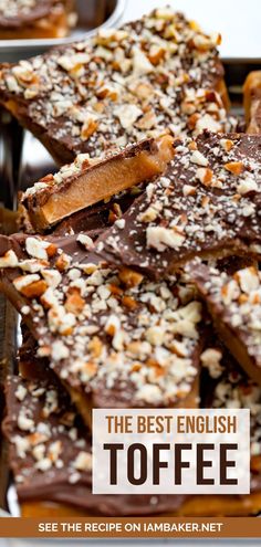 Pieces of chocolate and nut covered toffee in a tray and broken sporadically. Easy Candy Recipes, Christmas Baking Recipes