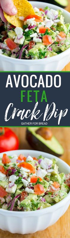 Avocado Feta Dip - Delicious addicting 'crack' dip made with feta cheese, fresh tomatoes, avocado chunks, vinaigrette, and herbs. Can't get enough of this healthy fresh blend. Perfect party appetizer. Avocado Feta Dip, Avocado Dessert, Feta Dip, Fitness Program, Think Food, Avocado Recipes, Healthy Appetizers