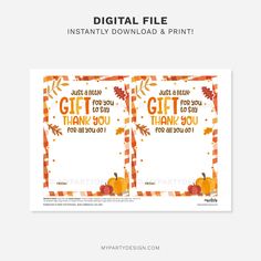 two printable thanksgiving cards with the words, give thanks and thank