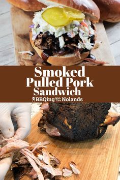 smoked pulled pork sandwich on a wooden cutting board