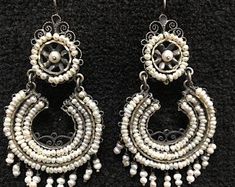 Earrings Pearls Sterling Silver Filigree having a very | Etsy Statement Piece Jewelry, Beaded Handbag, Filigree Earrings, Skull Necklace, Sterling Silver Filigree, Bead Leather, Bridal Jewellery, Hair Ornaments, Silver Filigree