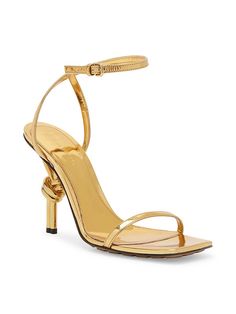 Bottega Veneta Heels, Bottega Veneta Sandals, Heels Aesthetic, Square Toe Sandals, Italian Craftsmanship, Leather Heels Sandals, Brown Leather Sandals, Gold Leather, Metallic Leather