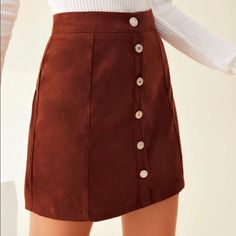 Rust Brown Waist Is About 26-27 Buttons Can Be Undone More A Straight Slim Material Trendy Brown Mini Skirt With Buttons, Casual Brown Skirt With Buttons, Casual Brown Buttoned Mini Skirt, Brown Buttoned Casual Mini Skirt, Casual Brown Mini Skirt With Buttons, Pinafore Skirt, Shein Skirts, Frilly Skirt, Mini Pleated Skirt