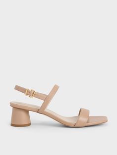 Nude Cylindrical Heel Back Strap Sandals - CHARLES & KEITH US New Neutrals, Casual Basics, Ankle Strap Block Heel, Elegant Sandals, Nude Sandals, Bridesmaid Shoes, Fancy Shoes, Faux Leather Heels, Wedding Heels