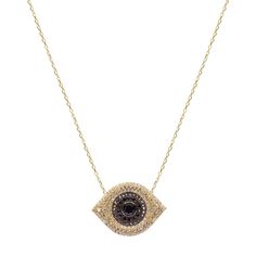 Glittering with dense-packed crystals and shining black gems, the Eye of the Sun Necklace is virtually guaranteed to catch some stares from admiring onlookers... and it'll never fail to return the gaze. Layer up with different weights and lengths of chain to add texture and gravity–for starters, we recommend our Gold Stud Choker and Lariat d'Or Necklace. 14k gold plated sterling silver Embedded clear and onyx crystals 16-18" Adjustable in length Black Pendant Jewelry With Stones, Black Pendant Necklace With Stones, Black Stone Pendant Jewelry, Elegant Black Necklace With Stones, Glamorous Black Jewelry For Gift, Glamorous Black Necklace For Gifting, Glamorous Black Necklace For Gift, Crystal Necklaces With Chain For Evening, Black Crystal Necklace For Gift