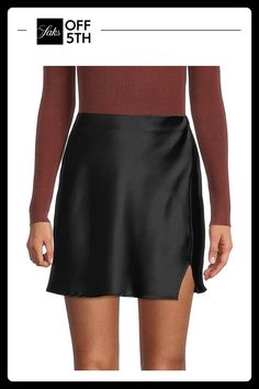 Simple Mini Skirt In A Soft Satin Finish. Styled With A Side Slit, This Piece Has A Flirty Touch To It. Stretch Waist Pull-On Style Side Slit Rayonundefined Satin Skirt Mini, Short Satin Skirt, Mini Skirt Design, Black Satin Skirt, Short Satin, Satin Mini Skirt, Skirt Mini, Fall Fits, Satin Skirt