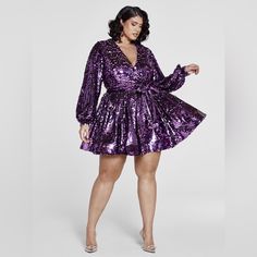 Plus Size The Glow Up Sequin Flare Dress Patrick Starrr Fashion To Figure Purple Plus Size Homecoming Dresses, Tulle Dress Short, Patrick Starrr, Plus Size Wedding Guest Dresses, Figure Dress, Plus Size Cocktail Dresses, The Glow Up, Look Plus Size, Disco Dress