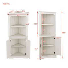 two white shelves with measurements for each shelf