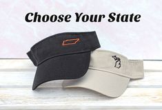 Distinct Headwear Presents... Embroidered Ladies Visor with your choice of State, Thread and Visor Color. Main photo shows a black visor with orange Tennessee and a khaki visor with black Michigan. Both are non-distressed. 2nd photo shows a distressed black visor with TX Orange Texas. Price is per visor. All state outlines are fully embroidered onto the visor. These are not patches. All states are placed in the visor corner. If adding distressing, this is done by hand and will vary from visor to Womens Visor, Orange Texas, State Outline, Cap Designs, Hat Collection, Pride Gifts, Clothes Gift, Sun Hats, Housewarming Gift