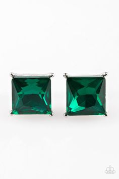 pair of emerald green cubic cut earrings with silver posts on white background, front view