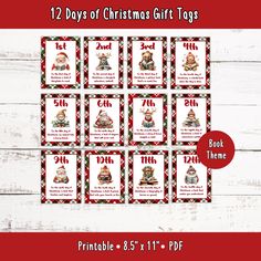 twelve days of christmas gift tags with the text 12 days of christmas gifts on them