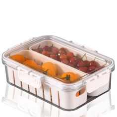 two plastic containers filled with cherries and oranges