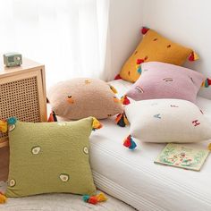 Kit Kat Whimsical Embroidered Pillow Covers Fluffy Comforter, Fluffy Cushions, Cute Cushions, Tassel Pillow, Comfy Pillows, Embroidered Pillow Covers, Bed In Living Room, Embroidered Cushions, Cute Pillows