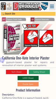 the california one - kote interior plaster is shown in red and green, with instructions for