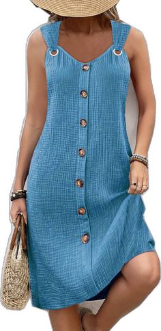 Sleeveless Beach Dress With Button Closure, Sleeveless Dress With Buttons For Vacation, Casual Sleeveless Button-up Dress For Beach, Casual Button-up Sleeveless Dress For Beach, Light Blue Buttoned Dress For Summer, Casual Sleeveless Dress With Buttons, Casual Sleeveless Dress With Buttons For Vacation, Blue Sleeveless Button Dress For Summer, Button-up Sleeveless Dress For Beach