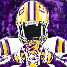 a painting of a lsu football player in purple and yellow with his hands on his chest