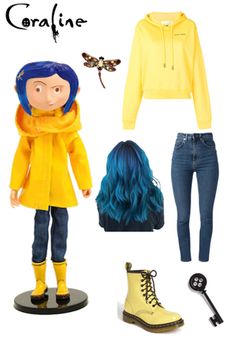 a doll with blue hair and yellow hoodie next to other items on a white background