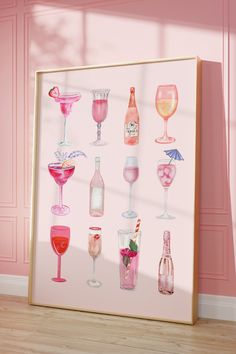 a pink wall with many different types of wine glasses on it