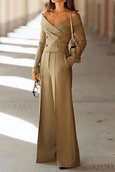 Lasaky - Classic Office Wear V Neck Blazer and Wide Leg Pant Set Luxury Wide-leg Pantsuit For Semi-formal Occasions, Evening Pants Set, Luxury High-low Hem Elegant Bottoms, Luxury Wide Leg Pantsuit For Fall, Brown Pant Suit For Women, Casual Long Sleeve Pantsuit For Party, Chic Full-length Pantsuit For Fall, Chic Full Length Pantsuit For Fall, Fall Party Full Length Pantsuit