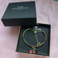 New In Box! Coach Enamel Cherry Slider Gold Bracelet Coach Bracelets, Slider Bracelet, Coach Jewelry, Jewelry Inspo, Womens Jewelry Bracelets, Sliders, Gold Color, Gold Bracelet, Cherry