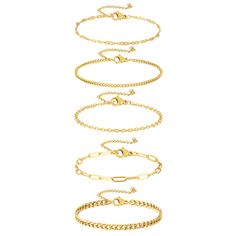 PRICES MAY VARY. Versatile Gold Bracelet Set: Elevate your style with our exquisite gold bracelet set, featuring a curated selection of on-trend designs. There are Rope, Cuban link, Beaded, Paperclip, and Satellite bracelets, providing endless possibilities for mixing and matching. Perfectly Adjustable Size: Each bracelet is designed with a length of 6.2” plus a 2.5” extender, ensuring a comfortable fit for every wrist. The strong lobster clasp allows for easy adjustments, empowering you to personalize the length according to your preference. Ideal for women and teen girls, these bracelets are suitable for both layering and standalone wear. Premium 14k Gold Plated Material: Crafted with quality in mind, our bracelets are made from 14k gold plated material. This ensures a luxurious look whi Gold Chain Bracelets, Bracelets Trendy, Dainty Gold Chain, Gold Bracelet Set, Bracelets Set, Gold Bracelet For Women, Chain Bracelets, Stackable Bracelets, Gold Bracelet Chain