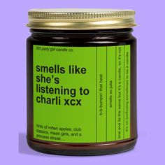 a jar of smells like she's listening to charii xcx on a purple background