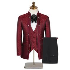 Burgundy Paisley Fitted Party Suit Burgundy Tuxedo, Mens Suit Vest, Red Carpet Party, Party Suits, Elegant Man, Trouser Style, Suit Vest, Blazers For Men, Paisley Pattern