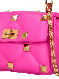 Height: 16cm Width: 25cm Depth: 10cm. Adjustable metal chain strap . Front flap closure. Studded details Pink Shoulder Bags, Shoulder Bag Pink, Studded Bag, Studded Leather, Medium Bags, Green Bag, Pink Bag, Metal Chain, Pyramid