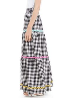 Elevated by an eccentric gingham pattern, this Crown & Ivy skirt is perfect for casual outings. | Crown & Ivy Women's Tiered Ric Rac Maxi Skirt, Large Plaid Long Skirt For Spring, Spring Gingham Tiered Skirt, Spring Gingham Cotton Skirt, Gingham Tiered Skirt For Spring, Spring Gingham Skirt, Spring Gingham Skirt For Day Out, Gingham Skirt For Day Out In Spring, Gingham Pattern, Ric Rac