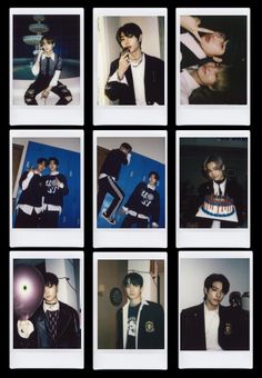 multiple polaroid photos of young men in black and white outfits, one with his head on the other's shoulder