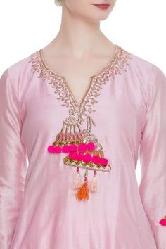 Shop for Abhi Singh Pink Chanderi Silk Kurta Sharara Set for Women Online at Aza Fashions Festive Straight Kurta Sharara With Tassels, Festive Sharara With Tassels And Straight Kurta, Designer Anarkali Sharara With Tassels, Diwali Sharara With Tassels And Straight Kurta, Anarkali Kurta With Tassels For Wedding, Anarkali Wedding Kurta With Tassels, Festive Kurta With Back Tassel Tie-up For Diwali, Anarkali Sharara With Tassels For Navratri, Traditional Designer Kurta With Tassels