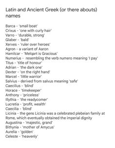 latin and ancient greek words list with names in english, spanish, and italian letters