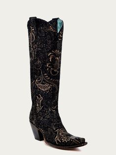 floral gold stamped black suede tall top women's boots A4481 – Corral Boot Company LLC Fitted Western Suede Knee-high Boots, Western-style Fitted Boots For Fall, Fitted Western Boots For Fall, Fitted Suede Heeled Boots With Snip Toe, Fitted Snip Toe Heeled Boots For Fall, Black Fitted Heeled Boots With Snip Toe, Fitted Suede Mid-calf Boots With Snip Toe, Fitted Black Western Heeled Boots, Fitted Western Mid-calf Boots With Snip Toe