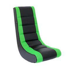 a black and green gaming chair on a white background