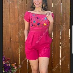 Fitted Short Sleeve Embroidered Top, Fitted Short Sleeve Top With Embroidered Hem, Fitted Pink Top With Floral Embroidery, Embroidered Fitted Jumpsuits And Rompers For Spring, Spring Embroidered Fitted Jumpsuits And Rompers, Fitted Pink Embroidered Top With Floral Details, Fitted Pink Embroidered Top For Summer, Fitted Embroidered Top For Summer, Frida Kahlo Dress