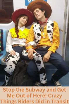 two people sitting on a subway car wearing costumes and hats with dalmatian prints