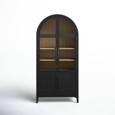 an arch - shaped bookcase with glass doors is shown in front of a white background