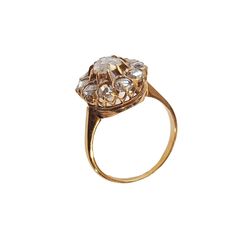 Superb old circa 1920 Rose Cut diamond ring ,14k yellow gold prong mounting with 2.0 mm shanking finger size 4 ,13mm round cluster top center split 4.8mm rose cut diamond approximately 20 points surrounded by 10 rose cuts at 2.7mm 04 points each , gold weight =1.7 dot /2.64grams 1" H by 1.75" w 0.50" D Victorian Cluster Ring With Brilliant Cut In Diamond White, Victorian 14k Gold Diamond Ring With Rose Cut Diamonds, Victorian 14k Gold Ring With Rose Cut Diamonds, Antique Gold Diamond Ring With Rose Cut Diamonds, Antique Yellow Gold Rings With Rose Cut Diamonds, Vintage Rose Cut Diamond Promise Ring, 14k Gold Cluster Ring With Rose Cut Diamonds, Heirloom Oval Cluster Ring With Rose Cut Diamonds, Victorian Diamond Ring With 17 Jewels