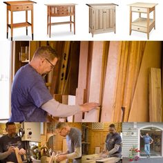 men working on wooden furniture in the process of being assembled and painted with woodworking tools