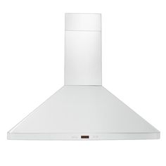 a white stove top oven sitting on top of a counter next to a wall mounted hood