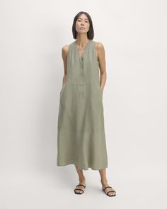 The Linen V-Neck Maxi Dress V Neck Midi Dress, Back Neck, Linen Women, Drop Waist, Linen Dress, Sage Green, Neck Tie, Midi Dress, Relaxed Fit