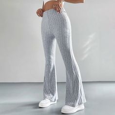 High Waist Casual Rib Knit Pants – Rachly Casual Flare Bottoms With Elastic Waistband, Trendy Flare Pants For Loungewear, Casual Fitted Ribbed Pants, Fall Ribbed Gray Bottoms, Trendy Wide Leg Ribbed Bottoms, Trendy Ribbed Wide Leg Bottoms, Trendy Ribbed High-waisted Pants, Casual High Stretch Pants For Spring, Casual High Stretch Pants With Pockets