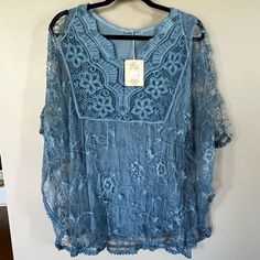 This Brand New Women’s One Size Fits Most Blouse Is Perfect For The Upcoming Season. Two Layered With The Sheer Outer Layer For Comfort! This Is A Handcrafted Piece From Italy Beautiful Hand Designed Blue Pattern. Elegant Blue Lace Top For Summer, Blue Casual Lace Top, Casual Blue Lace Top, Elegant Light Blue Top For Beach, Chic Blue Lace Top For Summer, Blue Long Sleeve Blouse With Lace Top, Chic Blue Blouse With Lace Top, Light Blue Bohemian V-neck Blouse, Chic Blue Lace Top Blouse