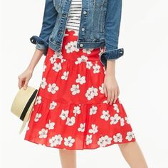 Jcrew Tiered Midi Skirt. Red With Flowers. New With Tags. Size Xxs. Tan Pencil Skirt, White Jean Skirt, Summer Mini Skirt, Check Mini Skirt, Tiered Midi Skirt, Navy Blue Linen, Plaid Pencil Skirt, Lace Pencil Skirt, Tweed Pencil Skirt